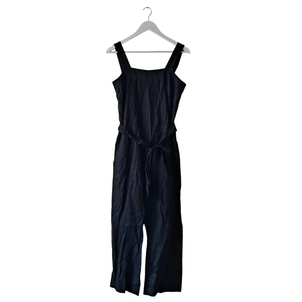 NWT Quince European Linen Square Neck Sleeveless Jumpsuit Black Women's Size S